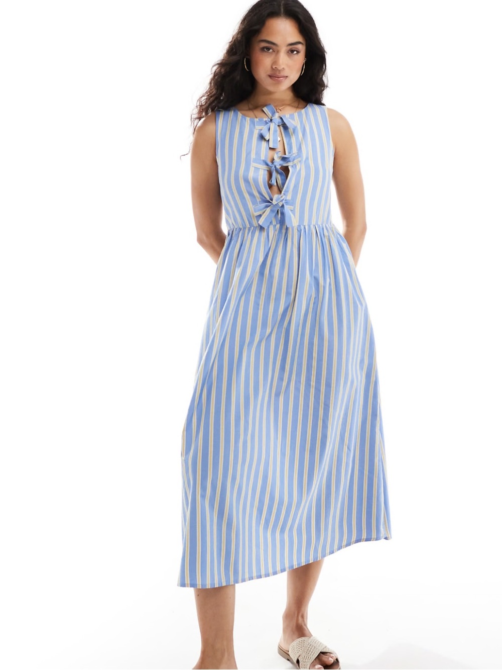 LIKE NEW Stradivarius Tie Bow Detail Striped Midi Dress